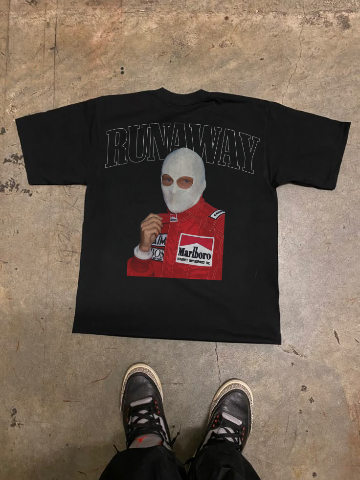 A collection of bold, motorsport-inspired graphic T-shirts from Runaway Racing, designed for car enthusiasts and streetwear fans alike.